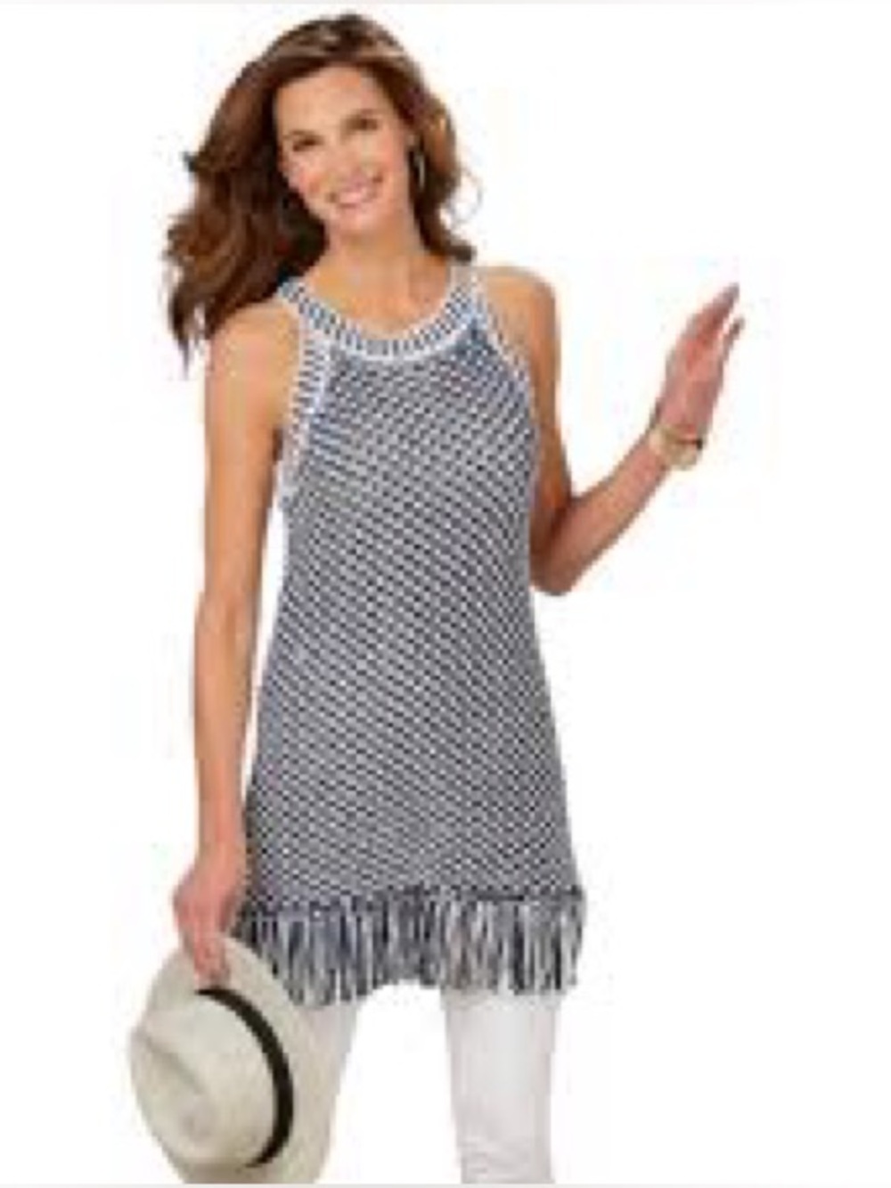 Soft Surroundings Bambado Tunic Dress Womens L Navy White Fringe Halter Knit